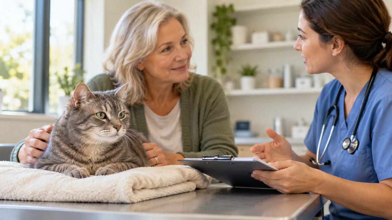 Cat resting on a towel while owner discusses care with a veterinarian